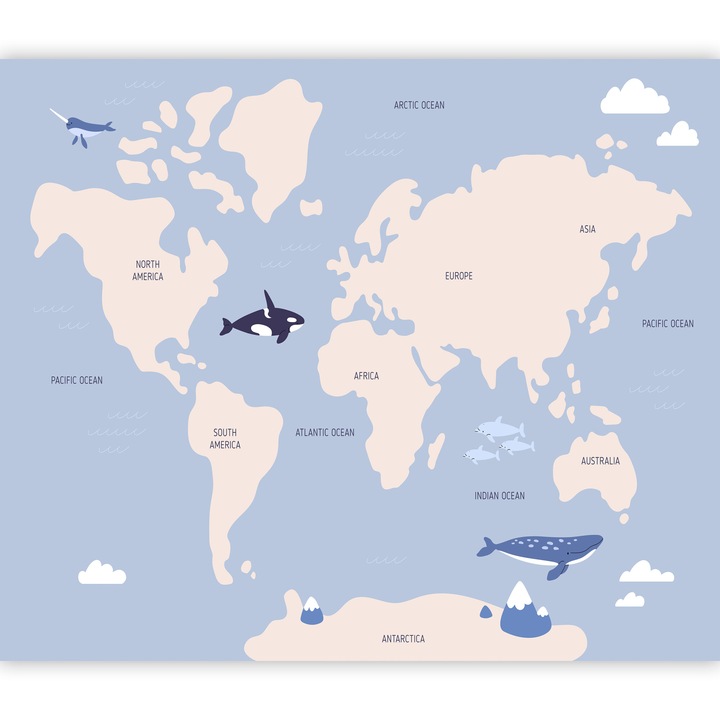 Fototapet Standard - Pastel Planet - Animals and Underwater Plants on a Map - 200 x 140 cm