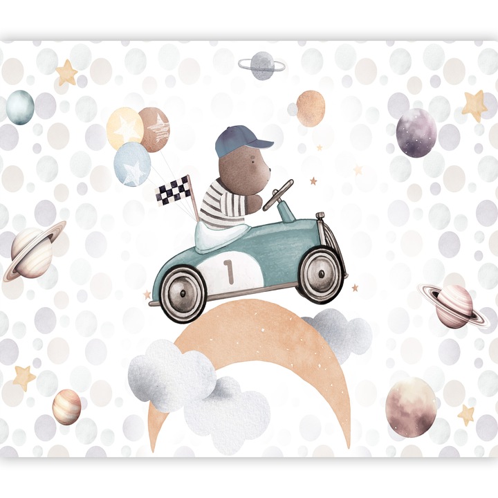 Fototapet Standard - Teddy Bear in a Racing Car - 250 x 175 cm