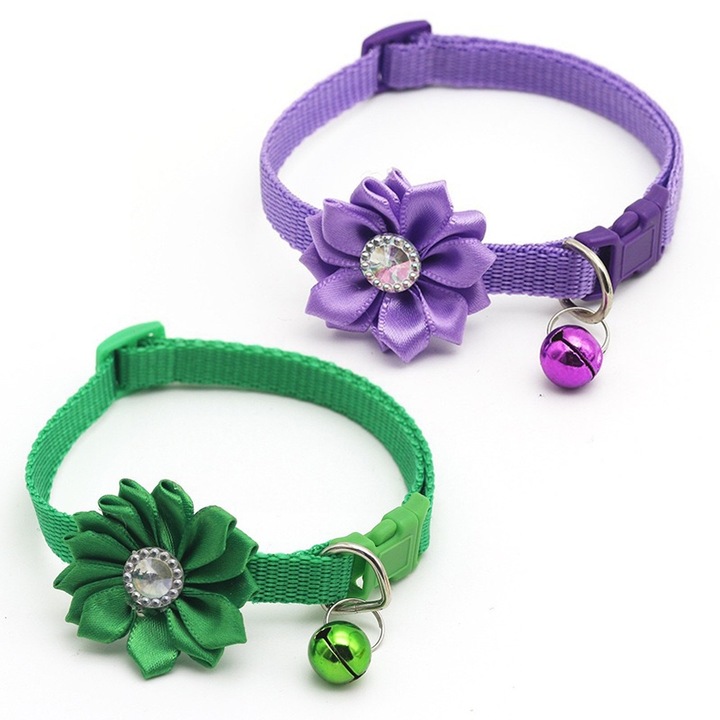 Set 2 zgarzi pentru pisici, BGHYHYHI, Model floare, Design ajustabil, 19-32 cm, Verde/Mov