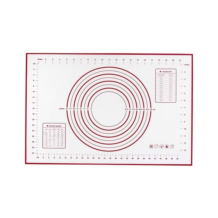 Covoras de patiserie Cozevdnt, silicon alimentar, ghid masuratori, rosu/alb, 60x80cm