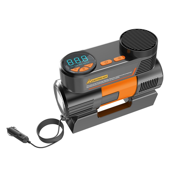 Електрическа помпа, мини компресор 150PSI, 12 V, преносима, с LCD дисплей и LED фенерче, за кола, мотоциклет, велосипед