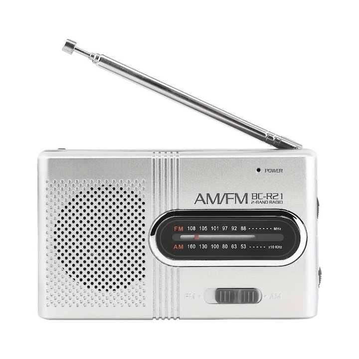 Radio Portabil Cu Difuzor, Am/Fm, Alimentat Cu Baterii, Cu Mufa Pentru Casti Aux Jack 3.5mm Si Antena Telescopica, Tuner Manual Si Receptie Puternica, Culoare Argintie