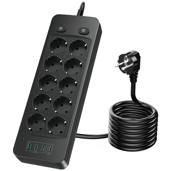 Удължител, BYONDSELF®, 10 порта, 4 USB, 2 независими превключвателя, 2 м кабел, защита от пренапрежение, черен