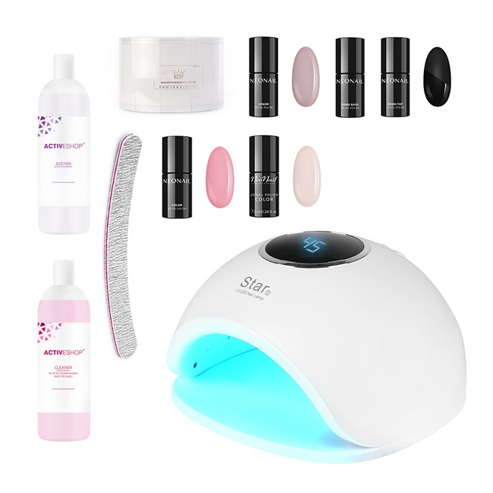 Set Manichiura-Pedichiura Activeshop Smart, Lampa UV LED/Lacuri Hybride/Pile/Accesorii, Alb