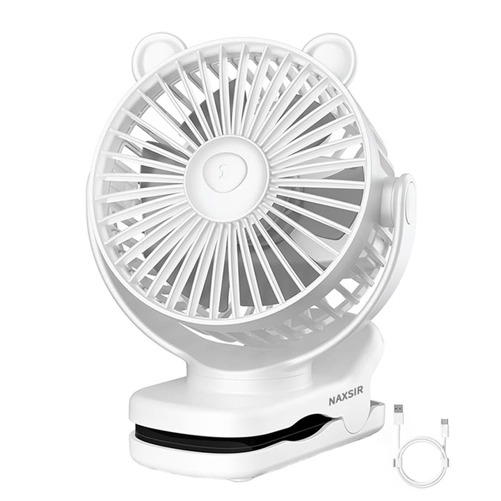 Ултра преносим мини вентилатор с опора за кука, NAXSIR, въртене на 360 градуса, 3 скорости, настолен, скоба, 11 x 6 x 13 cm, бял