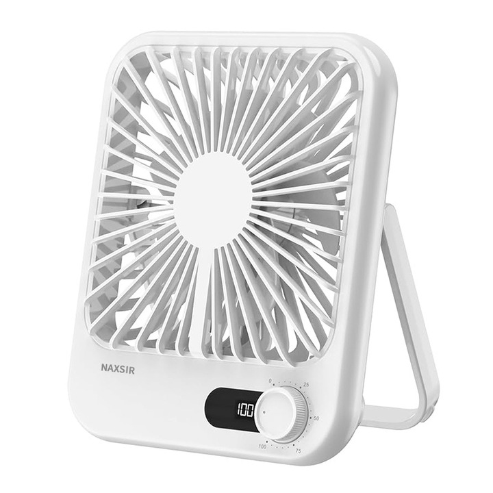 Преносим вентилатор 2 в 1, NAXSIR, 100 нива на скорост, регулируем ъгъл, настолен, монтиран на стена, дисплей с батерия/скорост, 14,5 x 4 x 17,5 cm, работещ с батерия, бял