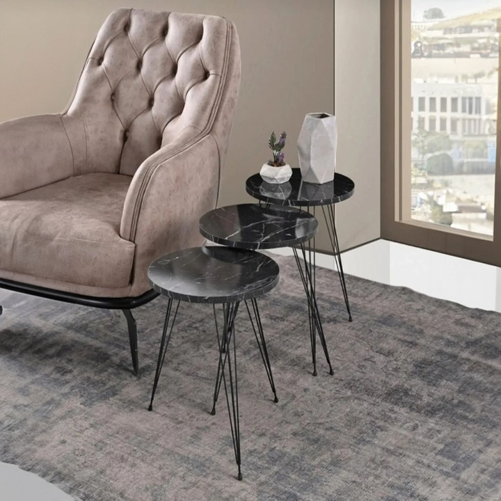 Маса Puzzle-home Wakmi, 3 броя, Черен мрамор, Меламин, Черен метал