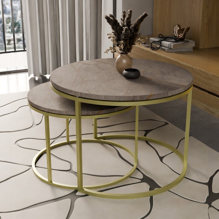 Маса Puzzle-home Solme, 2 броя, Сив меламин, Златен метал