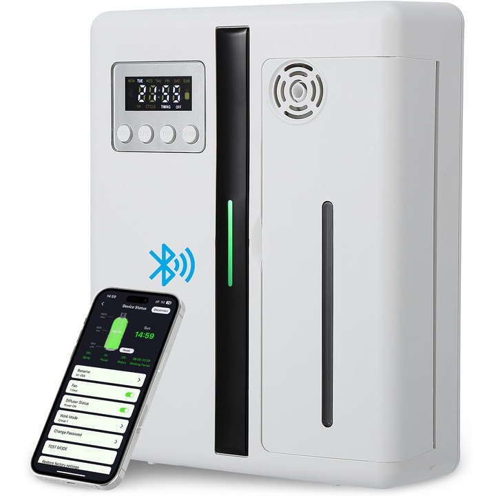 Difuzor de aroma WALALLA, afisaj LCD, atomizare silentioasa, programabil, alb, 218x172x70mm