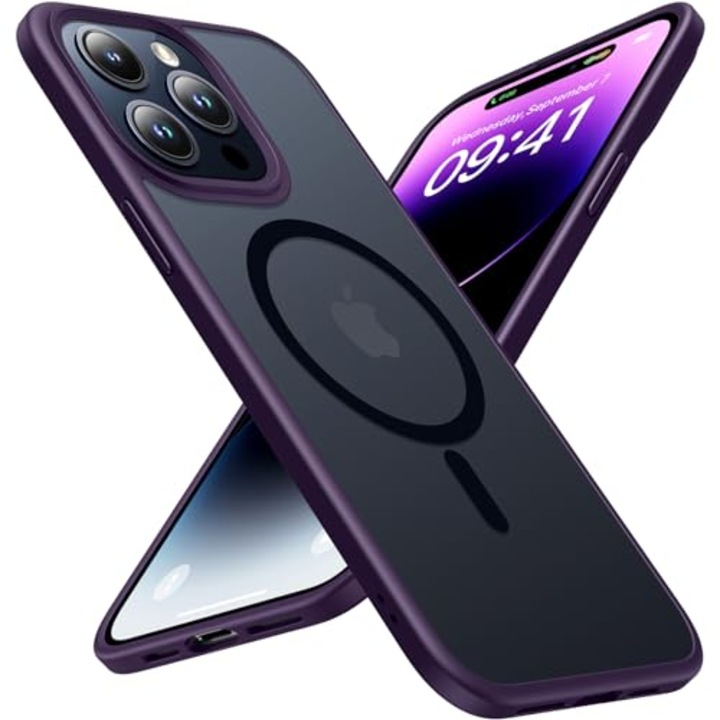 Husa Magnetica pentru iPhone 14 Plus, Compatibila cu MagSafe, Magnetism Puternic, Protectie de Nivel Militar, 3 Metri, Husa Ultra-Subtire Mata Translucida pentru iPhone 14 Plus (6,7 Inch), Negru/Mov