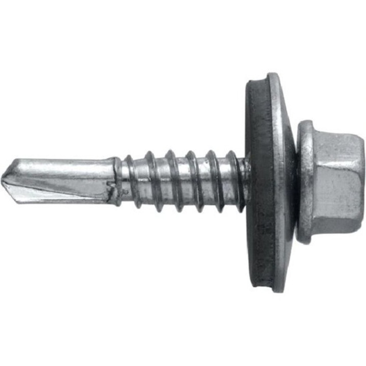 Surub autoforant cu cap HEX 4.8x19 mm, saiba EPDM Ø14 mm, Zincat prindere pe metal, 100 bucati