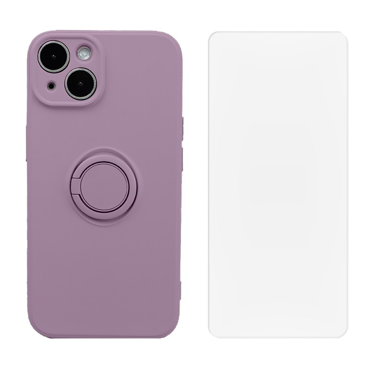 Set protectie pentru Apple iPhone 15, Husa Colour Ring si Folie, Silicon Rezistent, Microfibra, Anti-zgarieturi, Anti-soc, Inel metalic 360, Protectie Camera, Margini ridicate, Mov