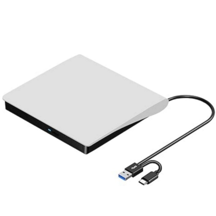 Külső CD/DVD +/-RW meghajtó, hordozható, USB 3.0 és USB-C, Machez és laptophoz, fehér