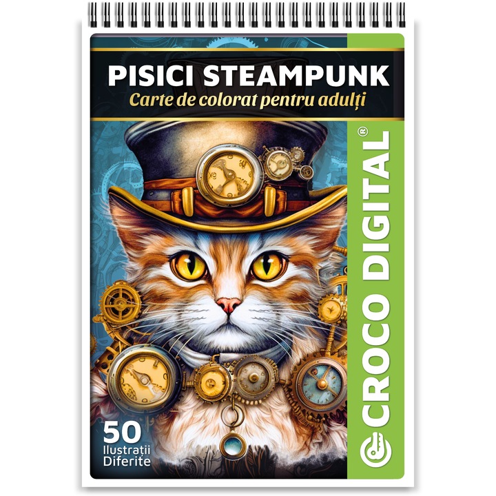 Carte de colorat pentru adulti, Pisici Steampunk, 50 Mandale Antistres pentru Relaxare, 106 pagini, 2024