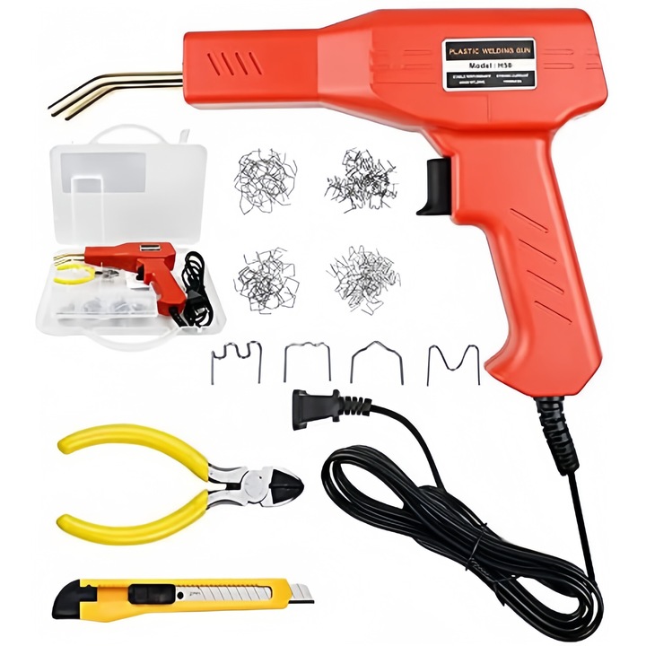 Set Pistol si Capse pentru Lipit Plastic, 200 capse si geanta transport incluse, putere 50W, Rosu