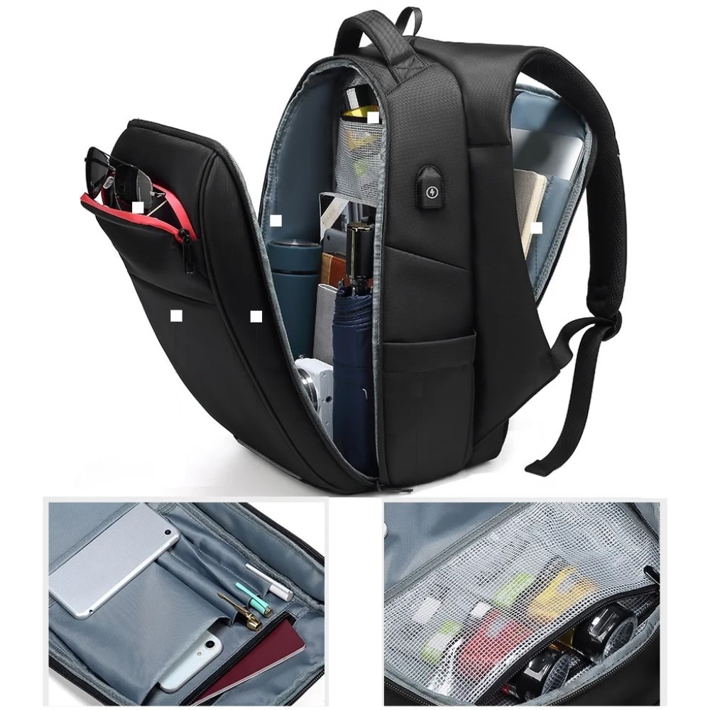 Rucsac laptop 15.6", smart casual, impermeabil, cu buzunar antifurt si port USB, GETICS, 32x16x46 cm, Negru