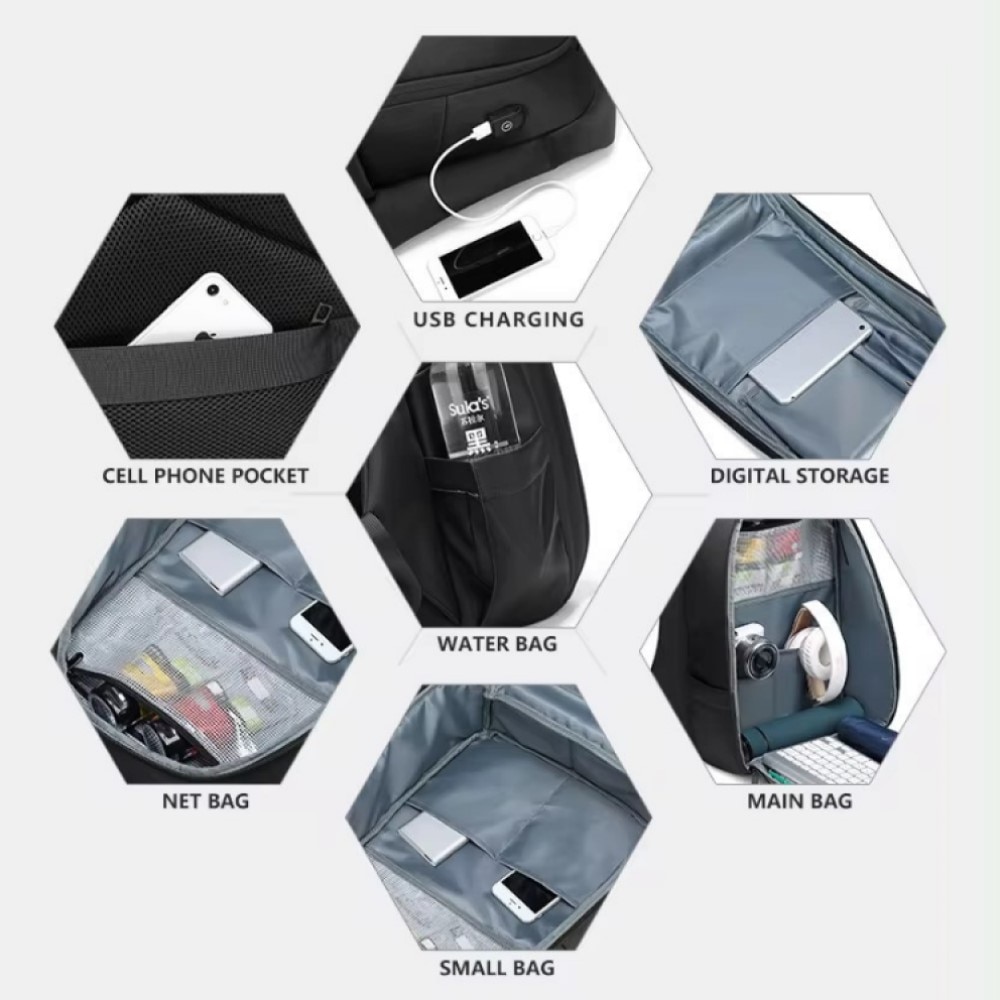 Rucsac laptop 15.6", smart casual, impermeabil, cu buzunar antifurt si port USB, GETICS, 32x16x46 cm, Negru
