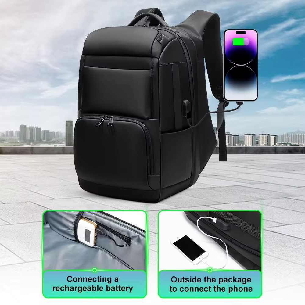 Rucsac laptop 17.3", business pentru calatorii, cu buzunar antifurt si port USB, GETICS, 47x31x20 cm, Negru