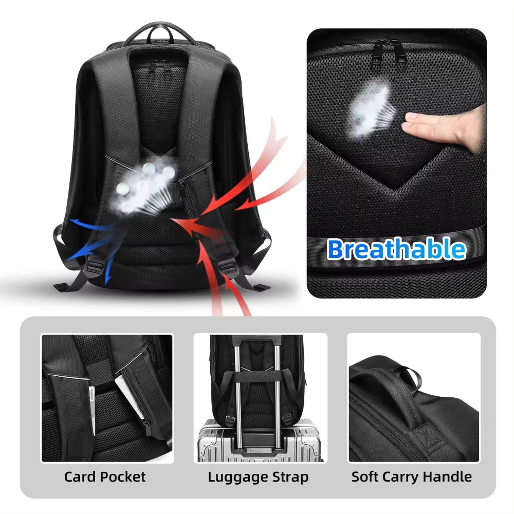 Rucsac laptop 17.3", business pentru calatorii, cu buzunar antifurt si port USB, GETICS, 47x31x20 cm, Negru