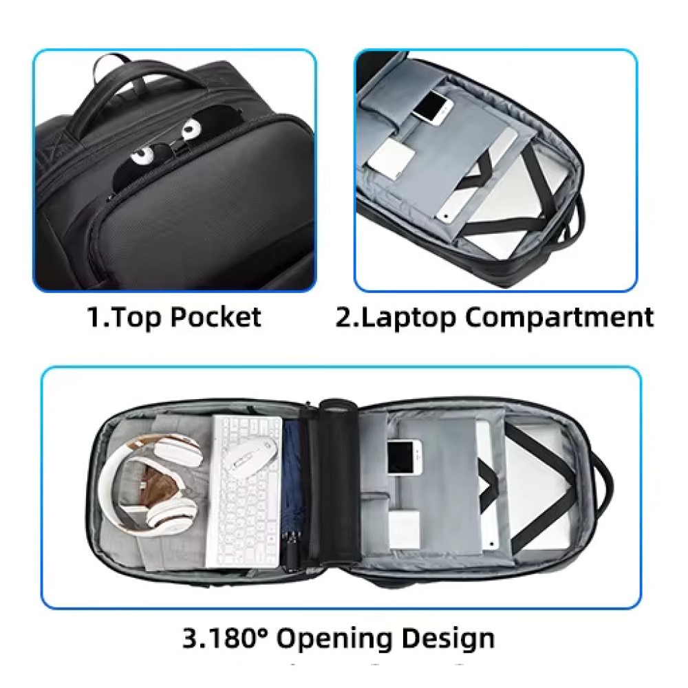 Rucsac laptop 17.3", business pentru calatorii, cu buzunar antifurt si port USB, GETICS, 47x31x20 cm, Negru