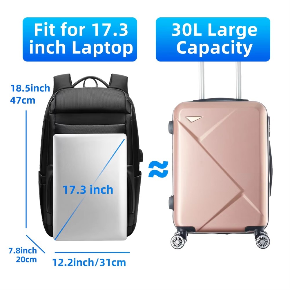 Rucsac laptop 17.3", business pentru calatorii, cu buzunar antifurt si port USB, GETICS, 47x31x20 cm, Negru