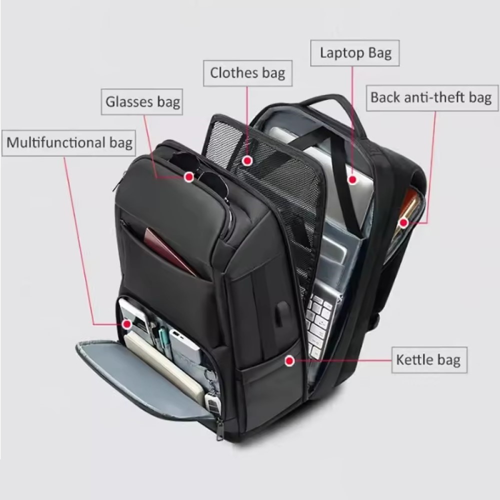 Rucsac laptop 17.3", business pentru calatorii, cu buzunar antifurt si port USB, GETICS, 47x31x20 cm, Negru
