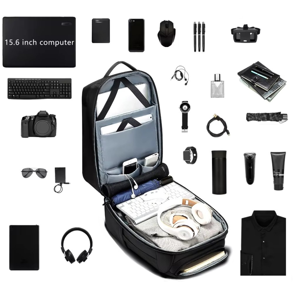 Rucsac laptop 17.3", business pentru calatorii, cu buzunar antifurt si port USB, GETICS, 47x31x20 cm, Negru