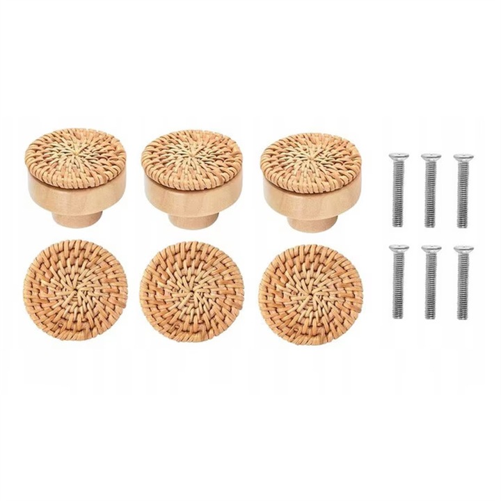 Set 6 Butoane Mobilier, Ratan Natural, Lemn, Stil Boho, Maro, 4x3cm