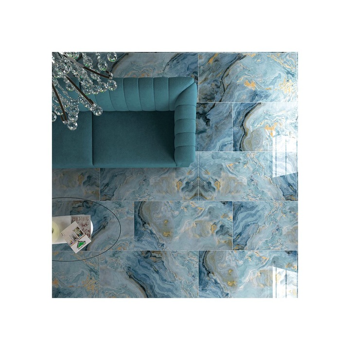 Gresie rectificata portelanata Hypnos, model marmura, 60x120 cm, finisaj lucios, Albastru marin