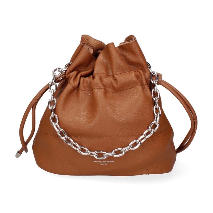 David Jones, Geanta bucket de piele ecologica cu bareta lant, Coniac