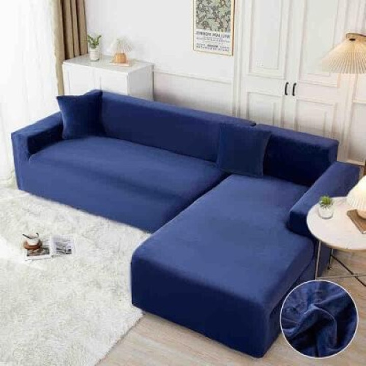 Set 2 Huse Canapea Elastice Catifea pentru Coltar, Marime M-130X180 - L-180X230 Bleumarin