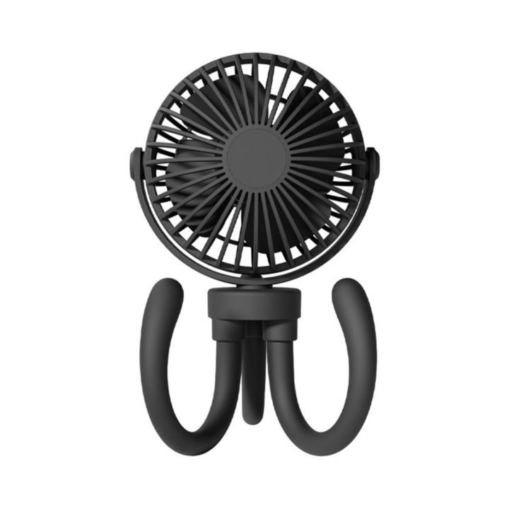GLIMATECH multifunkcionális hordozható ventilátor, Rugalmas állvány, Kézi, asztali, 3 sebességfokozat, USB-C töltés, 360 fokban forgatható fej, Beépített akkumulátor, Kompakt, Fekete