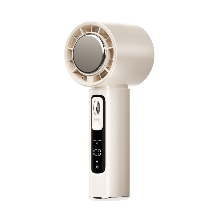 Ултракомпактен ръчен вентилатор CoolMaster от VeReTech, преносим, с LCD екран, охлаждащ диск, 100 нива на интензивност и дисплей за нивото на батерията, бързо зареждане, с включен USB тип C кабел, бежов