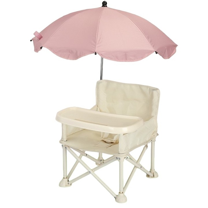 Scaun de masa pentru bebelusi si copii, tavita detasabila, multifunctional, centura de siguranta, bej, cu umbrela roz, 6+ luni, Avaleea
