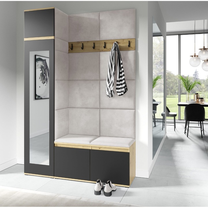 Set hol modern stejar artisan/negru, ultra modern, elegant, 145 cm lungime, cu dulap haine, pantofar si panouri tapitate stofa crem, oglinda, bancuta cu perne