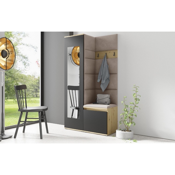 Cuier hol modern, 95 cm lungime, cu dulap haine -oglinda, pantofar si panouri tapitate stofa maro/ stejar artisan cu negru, 185 x 95 x 40cm