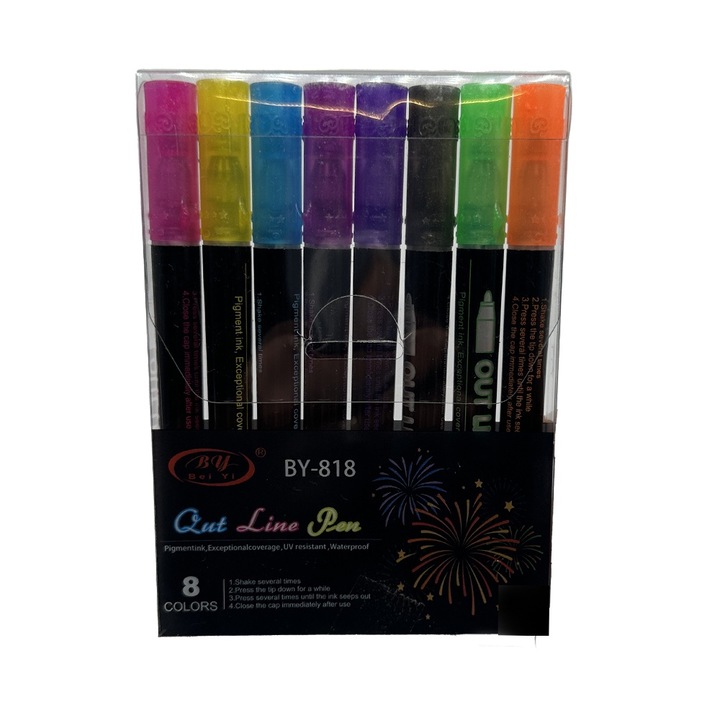 Set 8 Carioci, Outline Marker, vopsea acrilica metalizata cu scriere magica in doua culori, VisionXXI