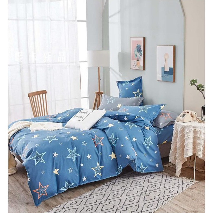 Lenjerie de pat matrimonial SUPER cu husa de perna patrata, Ivica, bumbac ranforce, gramaj tesatura 120 g/mp, multicolor, 4 piese