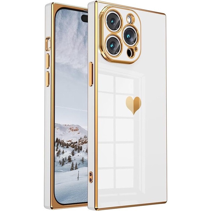 Кейс за iPhone 14 Pro, пълна защита на камерата, дизайн сърце, бял