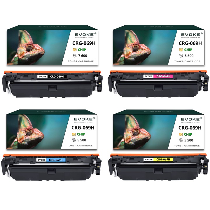 Set 4 toner cartuse imprimanta pentru Canon CRG-069H + chip, 7600 pagini negru, 5500 pagini cyan magenta galben, compatibil cu i-sensys MF752Cdw MF754Cdw LBP673Cdw