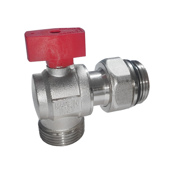 Robinet coltar cu semiolandez 1", MF, cu niplu cu O-ring, rozeta rosie, nichelat, RTM