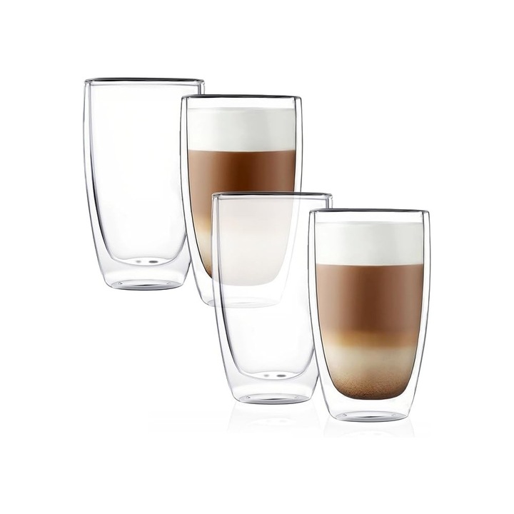 Комплект 4 чаши Krasino Selory, двойни стени, термоустойчиво стъкло, 380 ml
