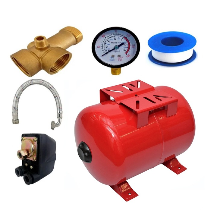 Kit accesorii pentru hidrofor, butelie, vas expansiune (rosu/albastru) 50 litri, 10 bar, presostat, manometru, racord 5 cai din bronz, furtun racord inox cu cot 60 cm