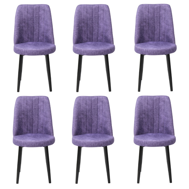 Set 6 scaune Cronos Mov, tapitate cu material textil, picioare metalice negre, 90x42 cm