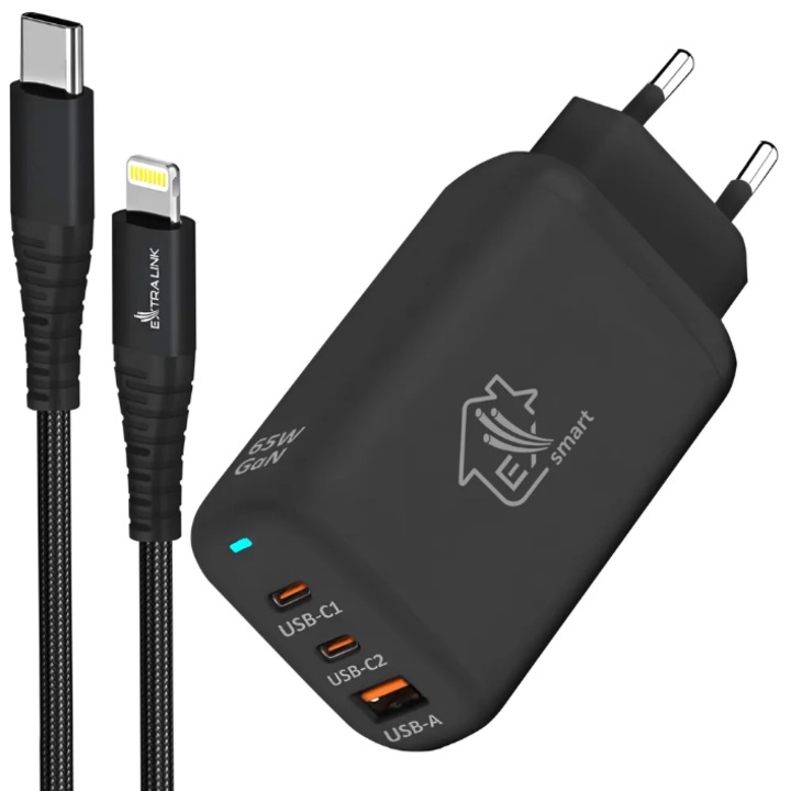 Комплект мрежово зарядно устройство Extralink Smart Life 65W GaN 2x USB-C 1x USB-A + кабел USB-C - Lightning 27W, 200 cm
