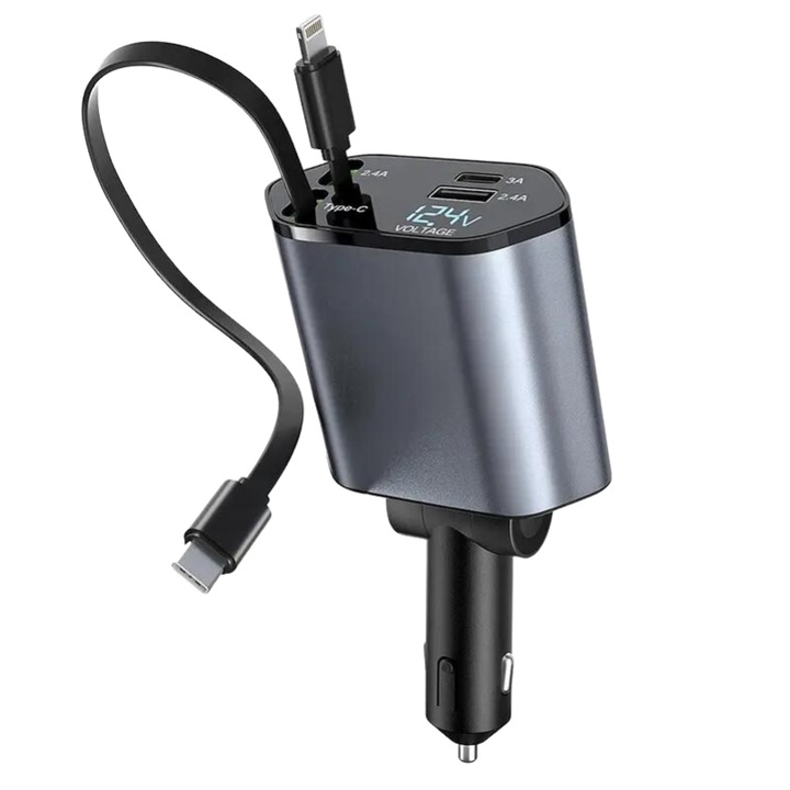 Incarcator Auto 4 in 1 Super Fast Charge, Compatibil iPhone, Huawei, iPad, AirPods, Samsung, 120 W, 2 Cabluri Retactabile Lightning Si Type-C, Afisaj LED, Universal, Doua Porturi Iesire USB si USB-C