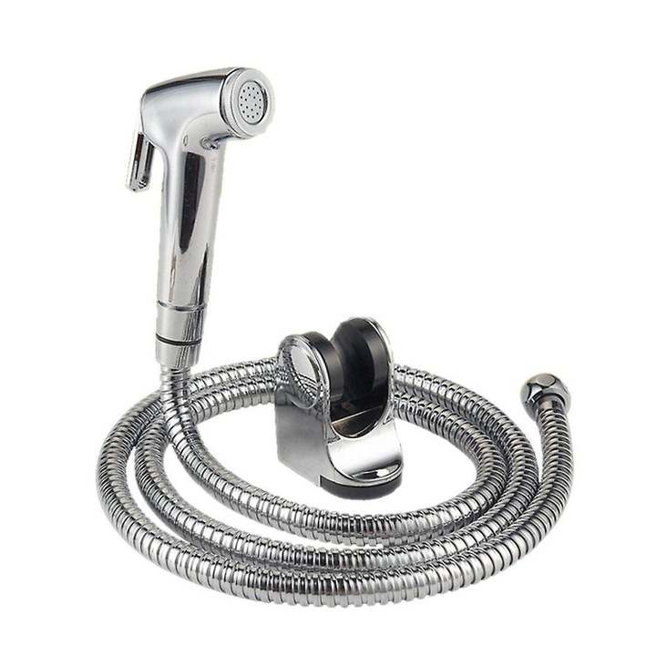 Комплект хигиеничен душ за интимна хигиена, AYSTOAYS, С метален маркуч 1.5м, смесител за биде и тоалетна от неръждаема стомана, Сребрист