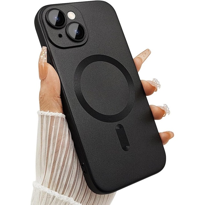Husa magnetica pentru iPhone 14 Plus pentru femei, cu design mat de lux si luciu metalic moale, socanta si cu protectie pentru obiectivul camerei, compatibila cu MagSafe pentru iPhone 14 Plus 6.7"-Negru