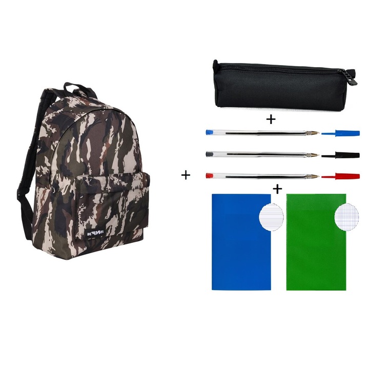 Ghiozdan VENITIVO® cu 1 compartiment mare, 1 buzunar cu fermoar si curele moi, echipat pentru scoala cu penar, pixuri colorate si caiete, L x l x H 31 x 13 x 41cm, army