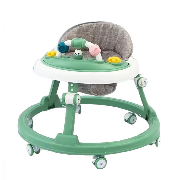 Premergator pentru copii Little Mom Light Green educational, cu lumini si sunete, pliabil si ajustabil in inaltime, cu 6 roti silentioase, dimensiune 67 x 67 x 46 cm